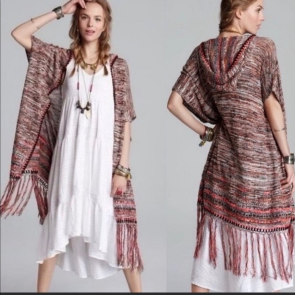 FREE PEOPLE Jungle Heat Knit Fringe Hood Sweater S
